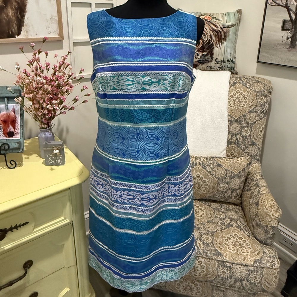 Chetta B Blue Sheath Midi Dress Sleeveless Bateau